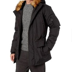 S13 Men's Down Filled Puffer Black Faux Fur hooded Jacket Large